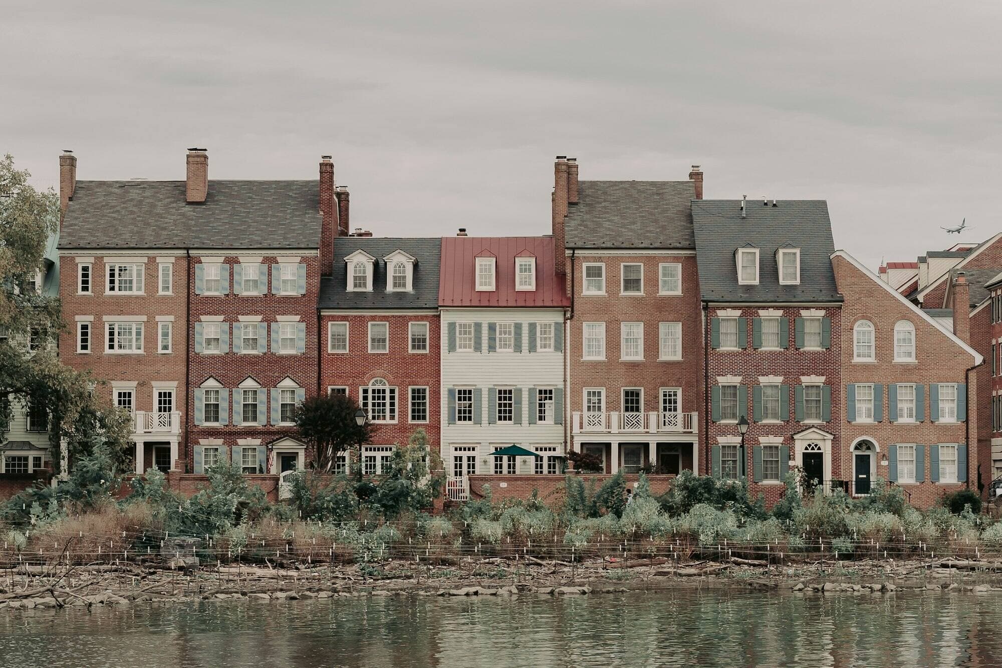Brick townhouses along the Potomac waterfront in Alexandria, Virginia